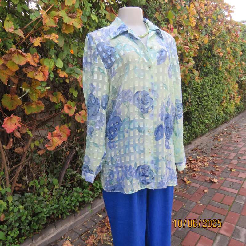 MILADY'S mint green-blue luxury sheer floral long sleeve top size 38.