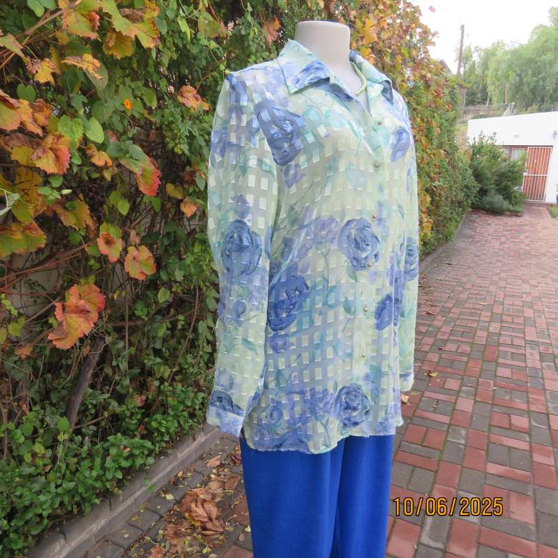 MILADY'S mint green-blue luxury sheer floral long sleeve top size 38.