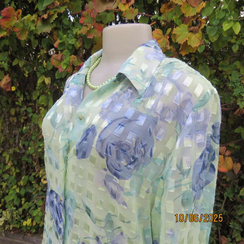 MILADY'S mint green-blue luxury sheer floral long sleeve top size 38.