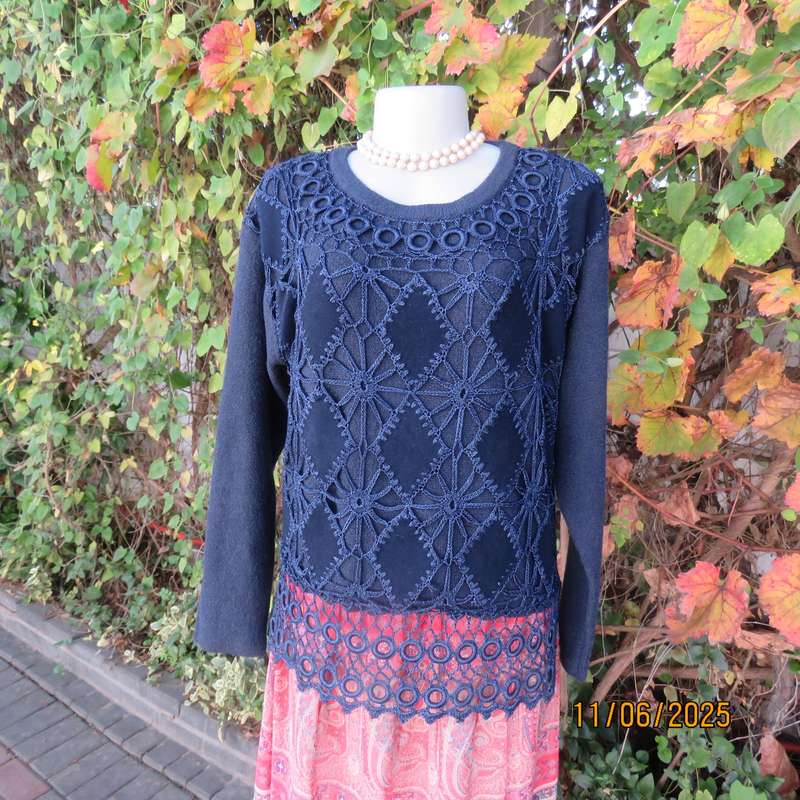 Navy acrylic knit long sleeve pullover cardi with crochet-diamond shape patterns on front. Size 40