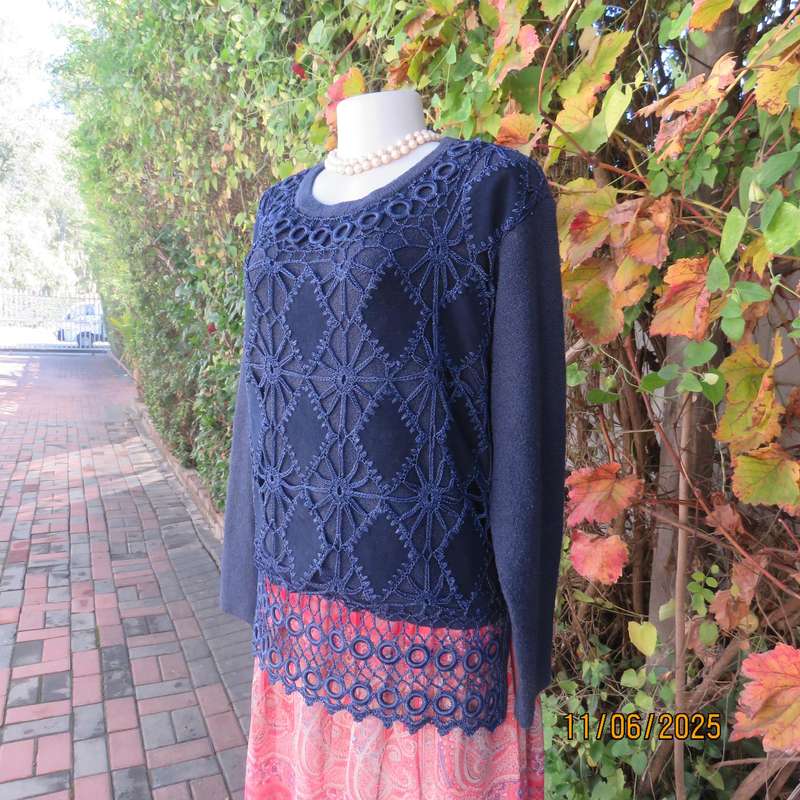 Navy acrylic knit long sleeve pullover cardi with crochet-diamond shape patterns on front. Size 40