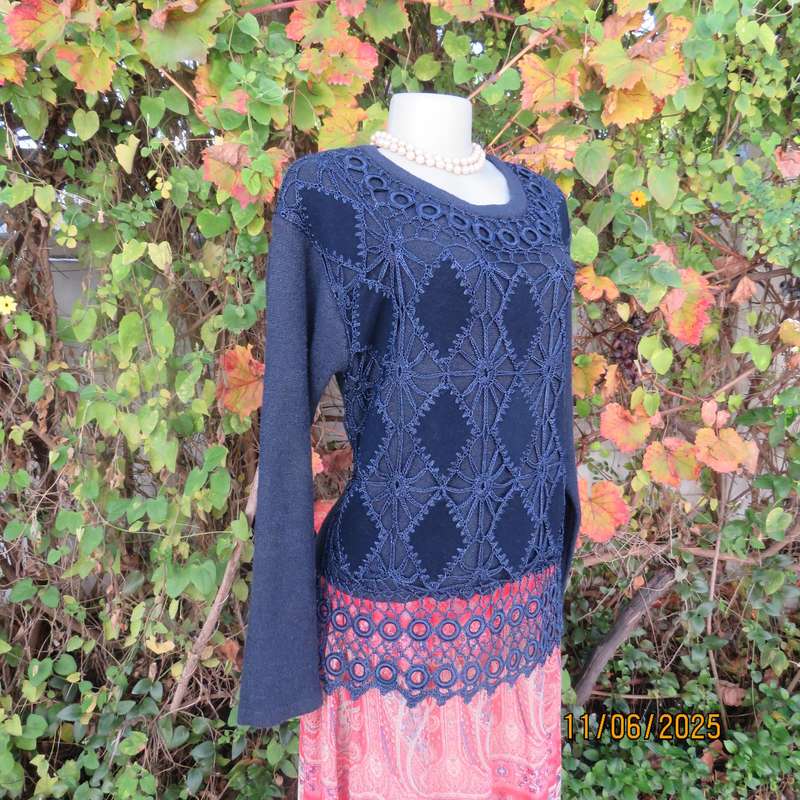 Navy acrylic knit long sleeve pullover cardi with crochet-diamond shape patterns on front. Size 40