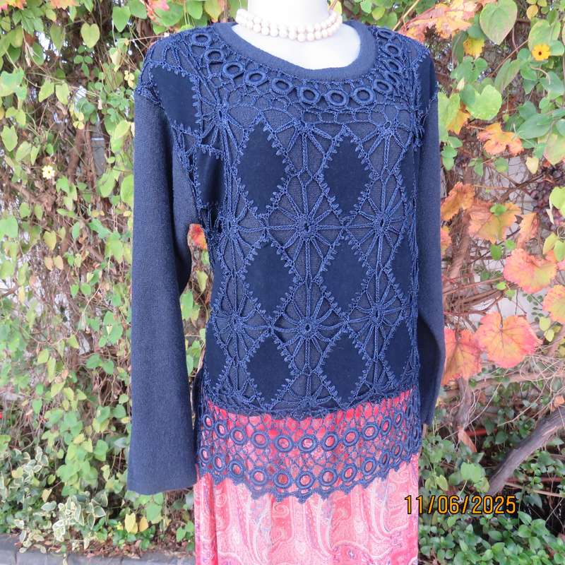 Navy acrylic knit long sleeve pullover cardi with crochet-diamond shape patterns on front. Size 40