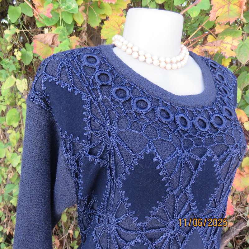 Navy acrylic knit long sleeve pullover cardi with crochet-diamond shape patterns on front. Size 40