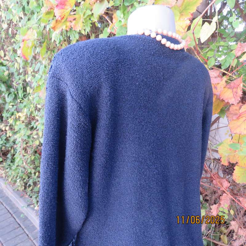 Navy acrylic knit long sleeve pullover cardi with crochet-diamond shape patterns on front. Size 40