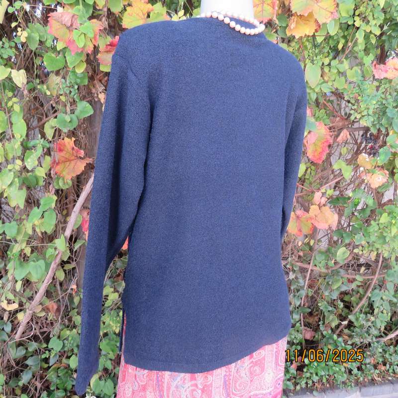 Navy acrylic knit long sleeve pullover cardi with crochet-diamond shape patterns on front. Size 40