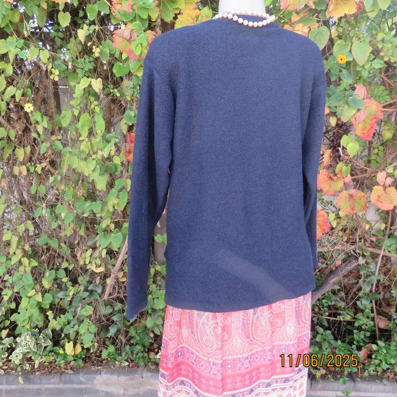 Navy acrylic knit long sleeve pullover cardi with crochet-diamond shape patterns on front. Size 40
