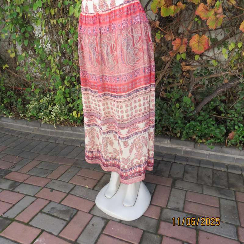LEGIT maxi bohemian style sheer polyester crimson-blue-cream lined skirt size 36