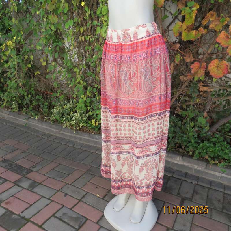 LEGIT maxi bohemian style sheer polyester crimson-blue-cream lined skirt size 36
