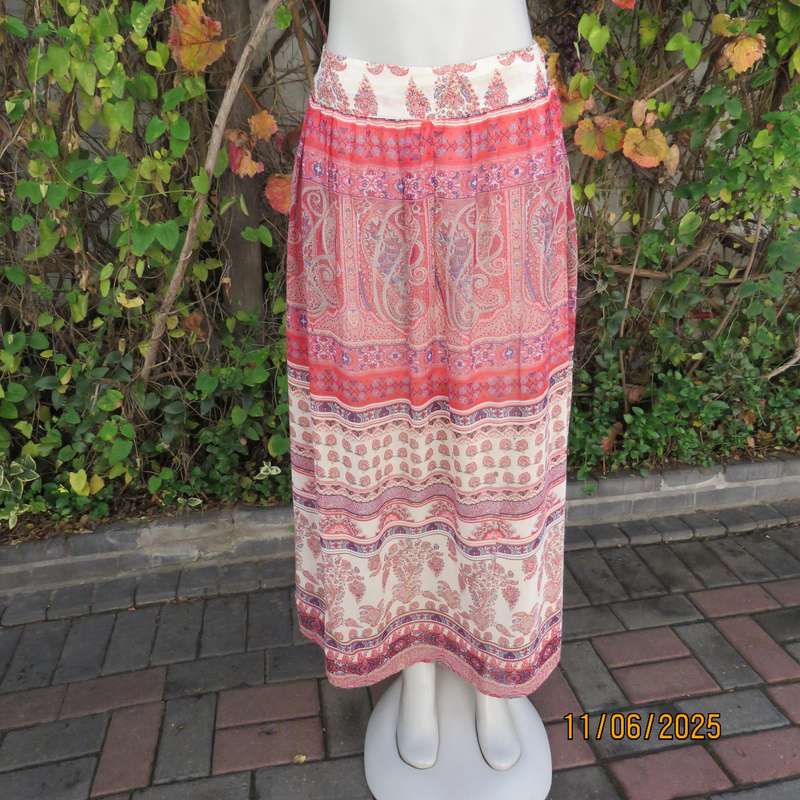 LEGIT maxi bohemian style sheer polyester crimson-blue-cream lined skirt size 36