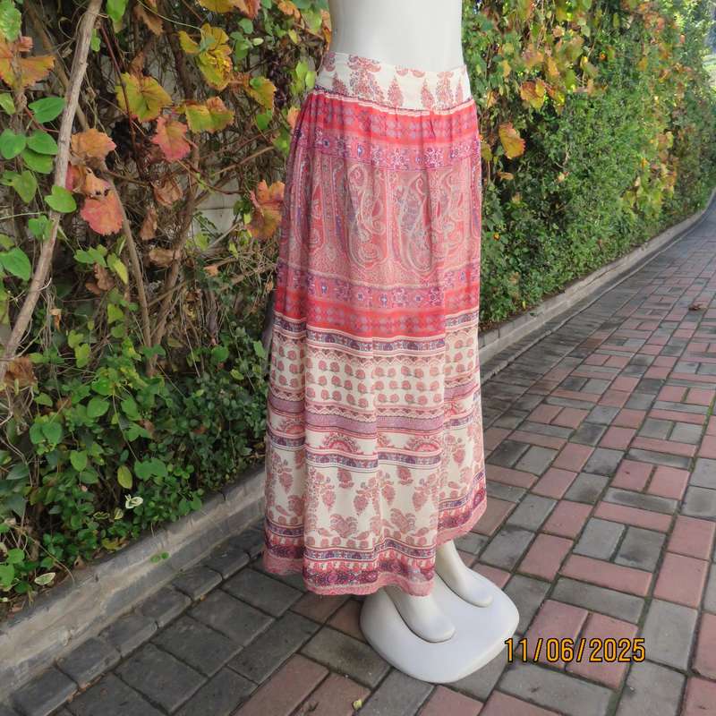 LEGIT maxi bohemian style sheer polyester crimson-blue-cream lined skirt size 36