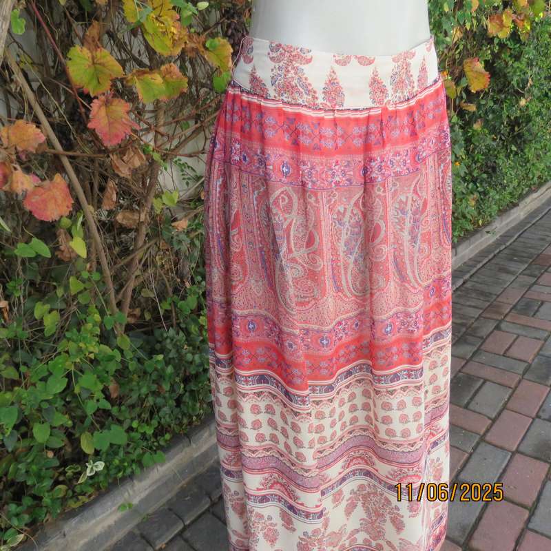 LEGIT maxi bohemian style sheer polyester crimson-blue-cream lined skirt size 36