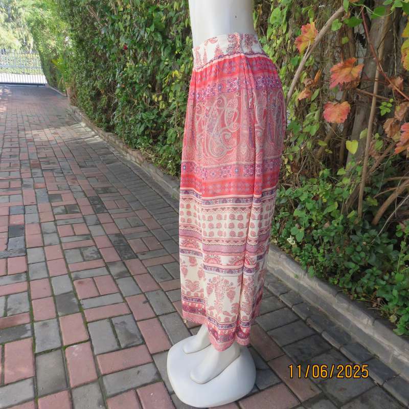 LEGIT maxi bohemian style sheer polyester crimson-blue-cream lined skirt size 36