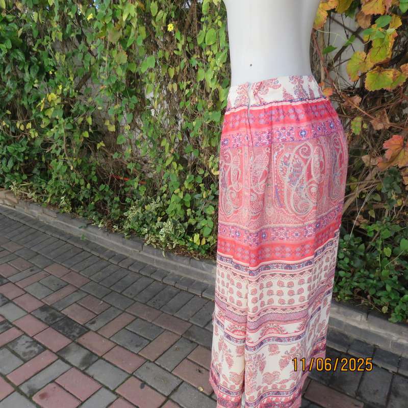 LEGIT maxi bohemian style sheer polyester crimson-blue-cream lined skirt size 36