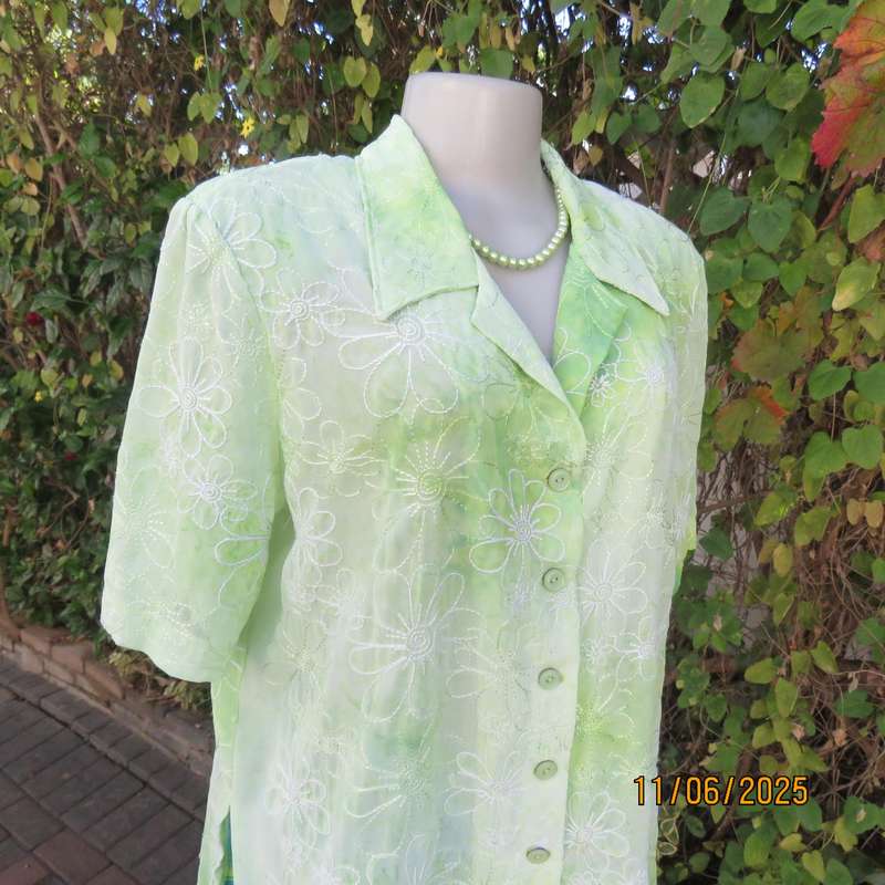 Extra long sheer floral embroidered top in shades of thyme green. Size 42.