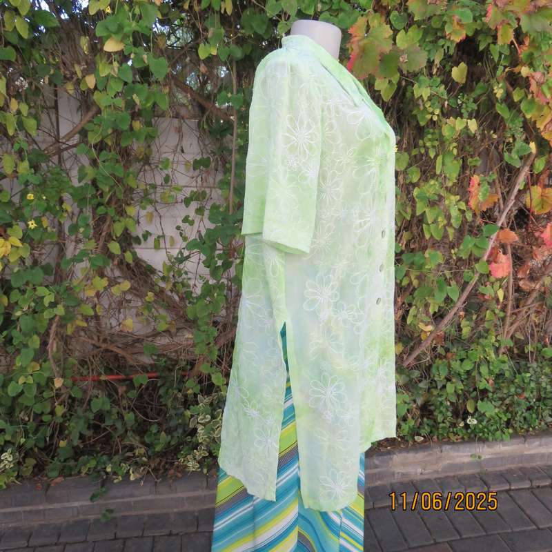 Extra long sheer floral embroidered top in shades of thyme green. Size 42.