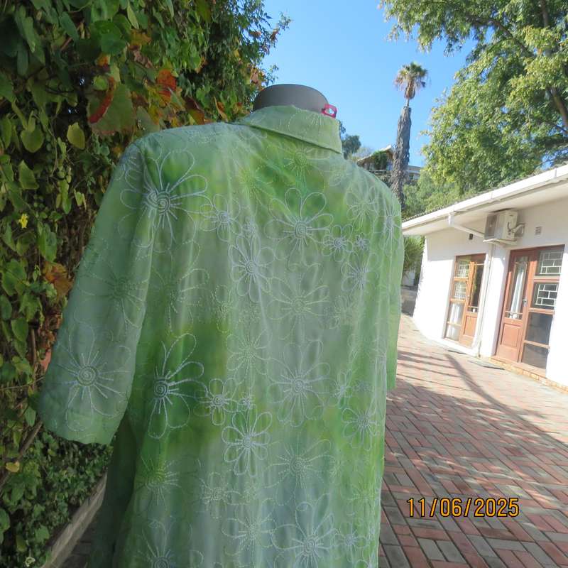 Extra long sheer floral embroidered top in shades of thyme green. Size 42.