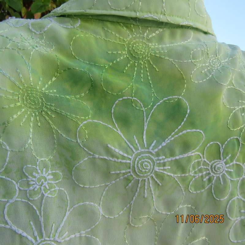 Extra long sheer floral embroidered top in shades of thyme green. Size 42.