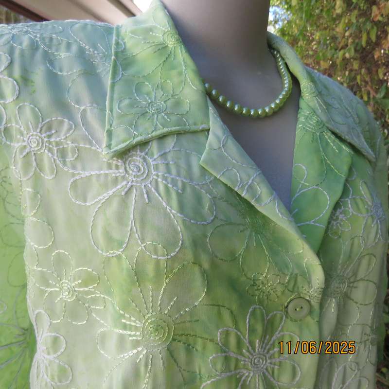 Extra long sheer floral embroidered top in shades of thyme green. Size 42.