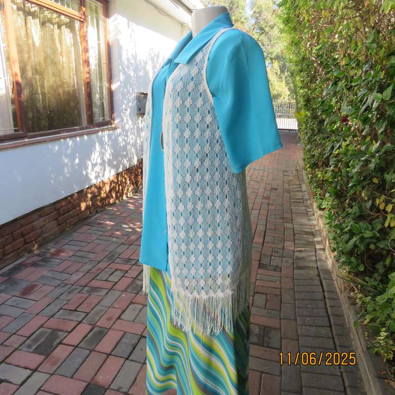 White lace knit polyester fringed gilet open hanging in size 34 by RED