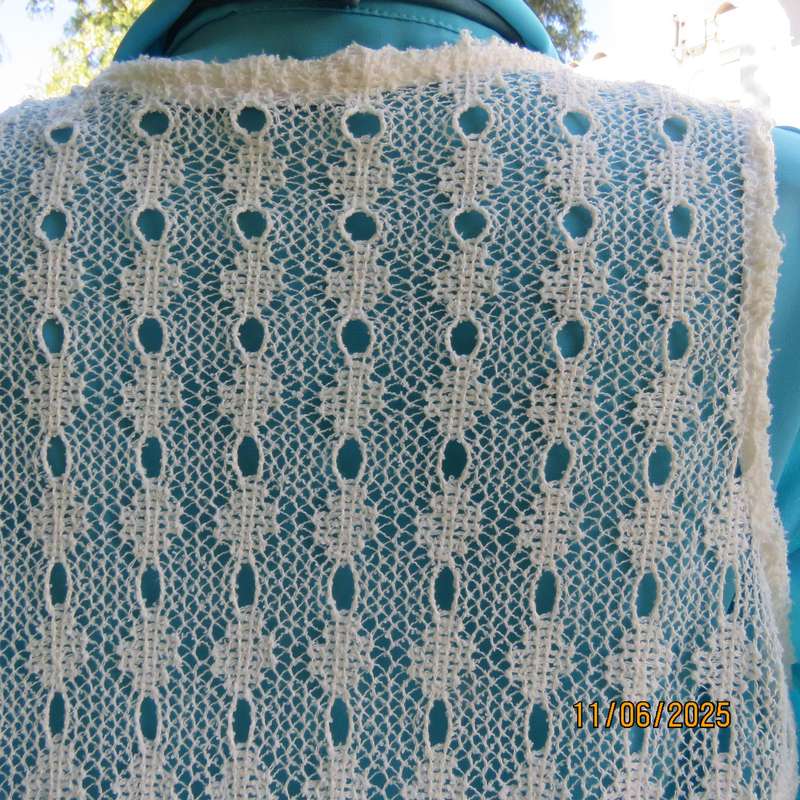 White lace knit polyester fringed gilet open hanging in size 34 by RED