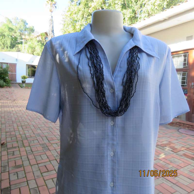SUCCESS STORY skyblue check pattern opaque polyester short sleeve top. Size 38