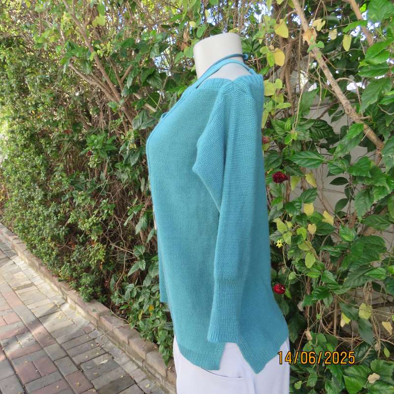 Teal colour knitted acrylic slip over naked shoulder top size 36.