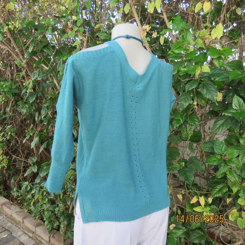 Teal colour knitted acrylic slip over naked shoulder top size 36.