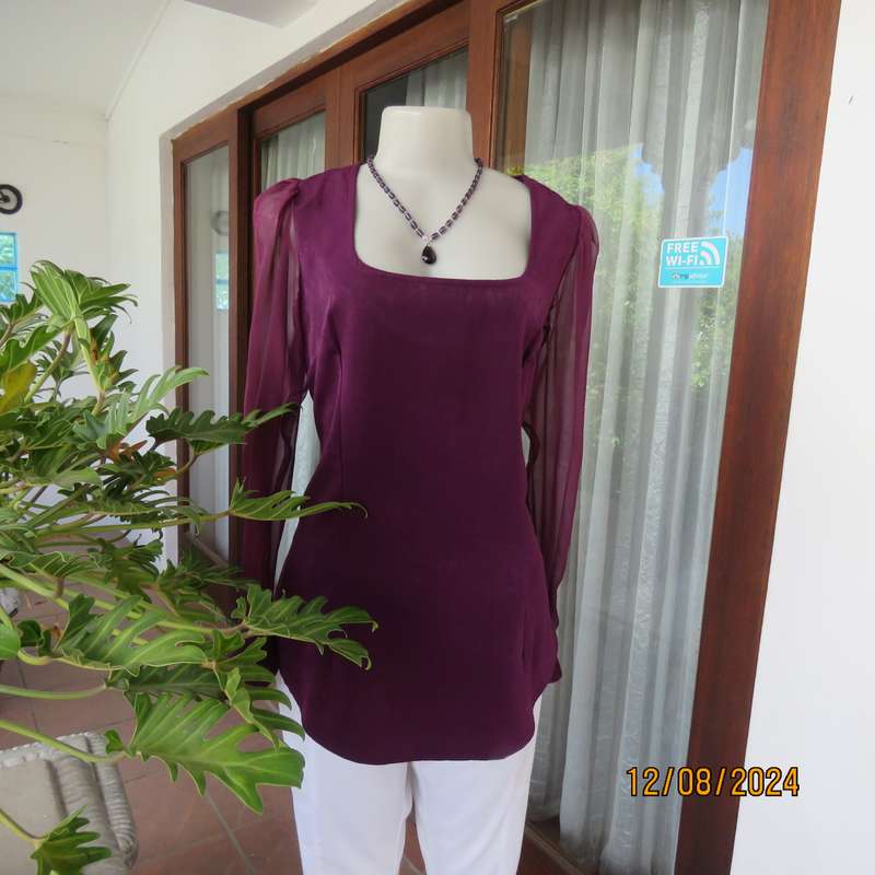 Pretty boutique made purple poly-satin top with long chiffon sleeves. Size 36. As new