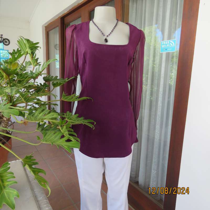 Pretty boutique made purple poly-satin top with long chiffon sleeves. Size 36. As new
