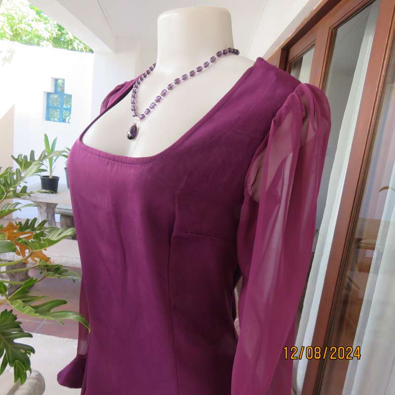 Pretty boutique made purple poly-satin top with long chiffon sleeves. Size 36. As new