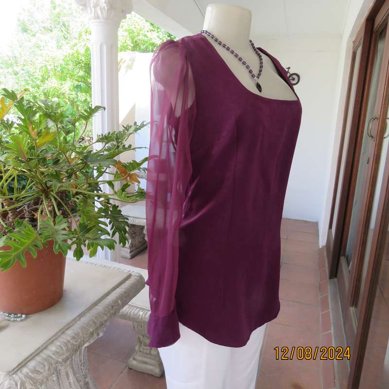 Pretty boutique made purple poly-satin top with long chiffon sleeves. Size 36. As new