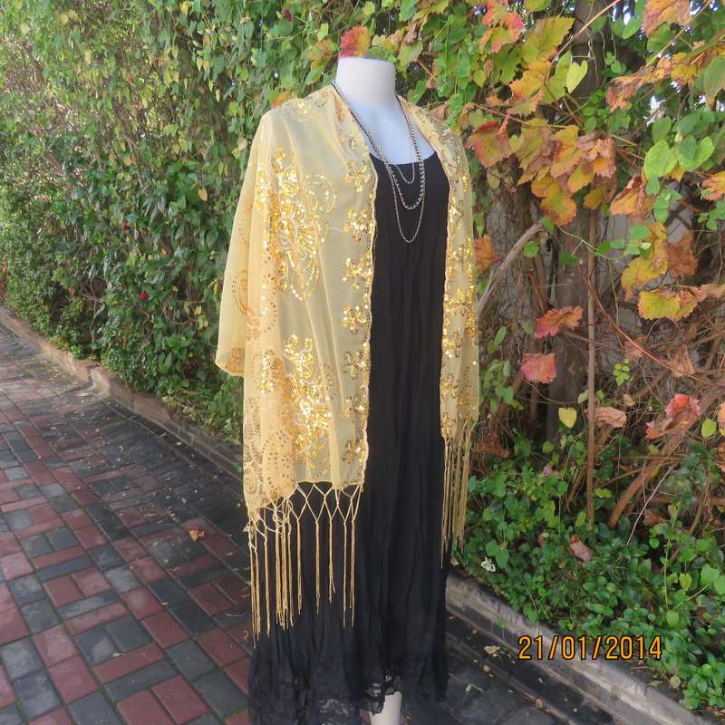 Gold colour sheer stole richly sequin decorated in floral-paisley pattern. 160cm x 65cm.