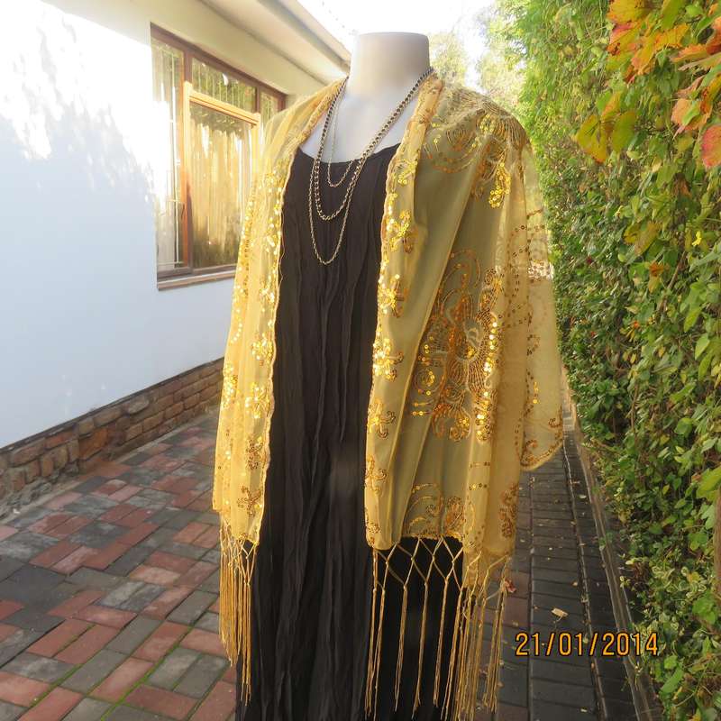 Gold colour sheer stole richly sequin decorated in floral-paisley pattern. 160cm x 65cm.