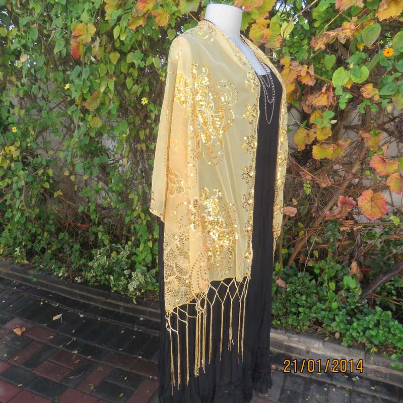 Gold colour sheer stole richly sequin decorated in floral-paisley pattern. 160cm x 65cm.