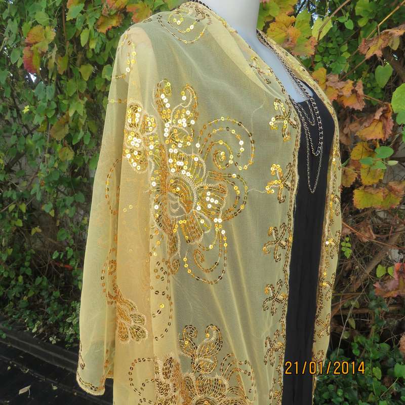 Gold colour sheer stole richly sequin decorated in floral-paisley pattern. 160cm x 65cm.