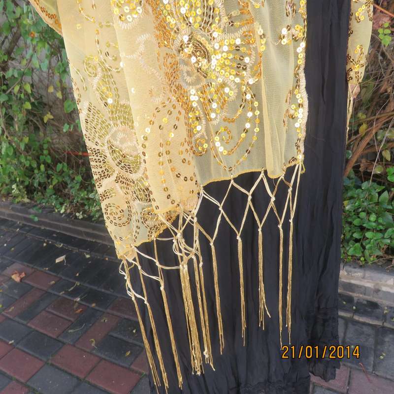 Gold colour sheer stole richly sequin decorated in floral-paisley pattern. 160cm x 65cm.