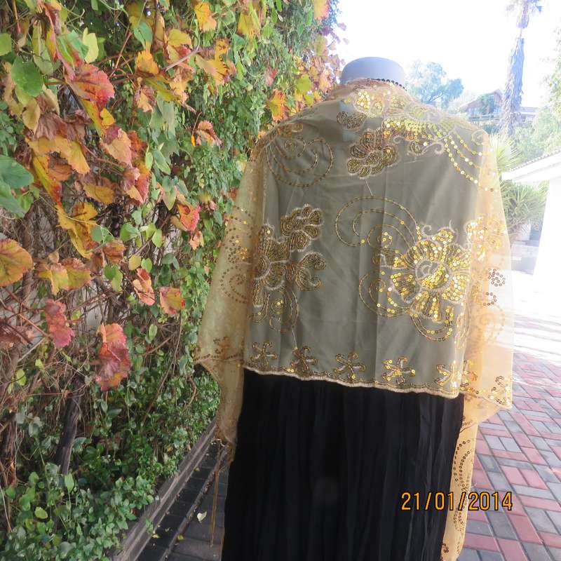 Gold colour sheer stole richly sequin decorated in floral-paisley pattern. 160cm x 65cm.