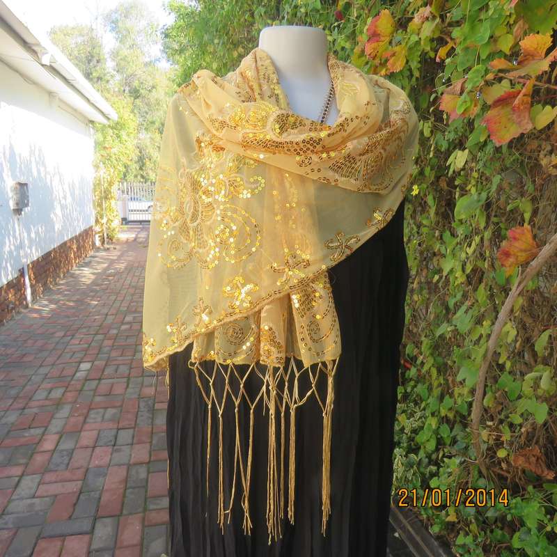 Gold colour sheer stole richly sequin decorated in floral-paisley pattern. 160cm x 65cm.