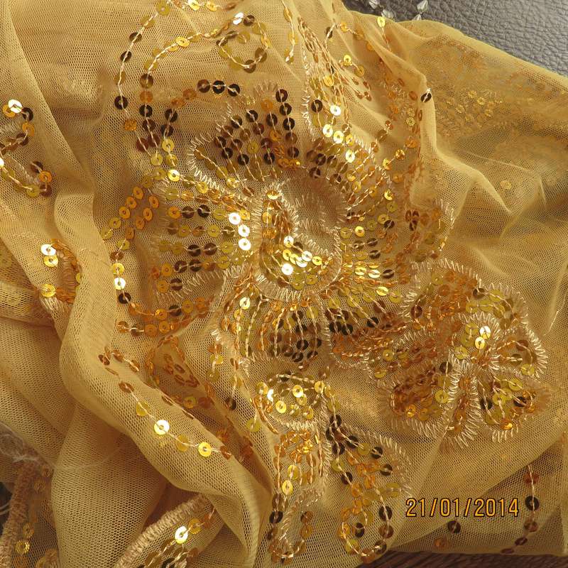Gold colour sheer stole richly sequin decorated in floral-paisley pattern. 160cm x 65cm.