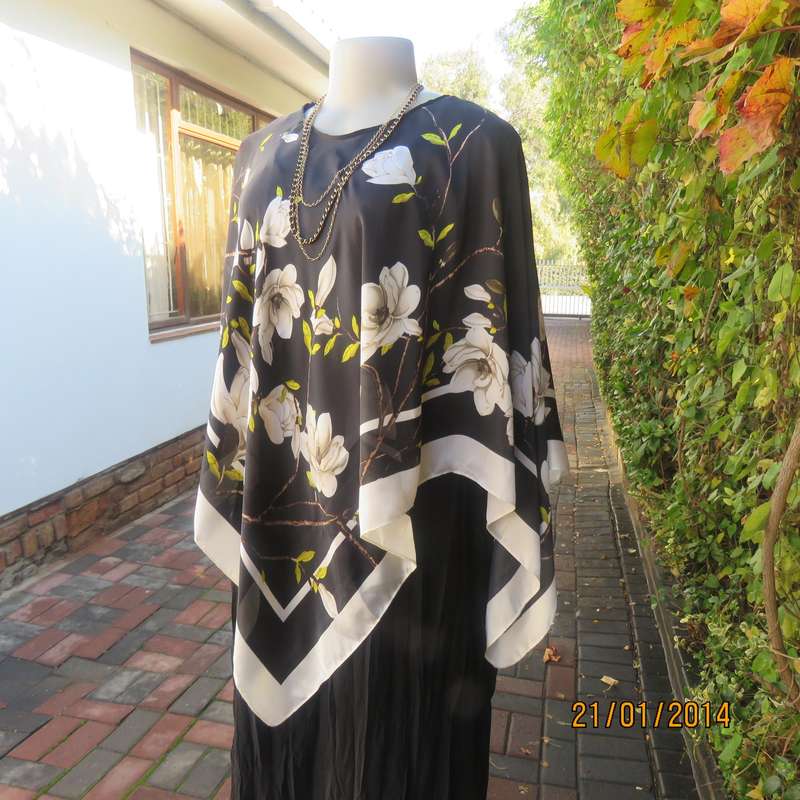 Soft silky black throw over -cream edges and cream flowers. Round neck. New