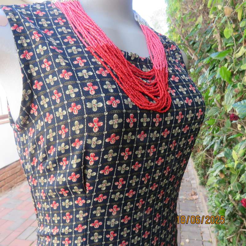 Navy ankle length floral pattern stripe dress - crimson-green. Unique style. Size 34