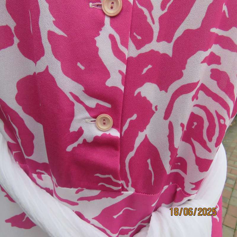 Vintage white poly-nylon stretch dress with bold magenta pink flowers. Size 38