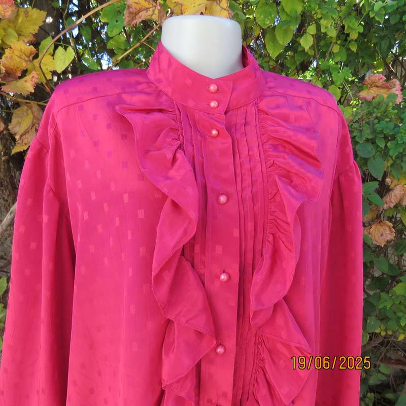 LARGELY FEMININE silky polyester magenta pink button down top. Size 44