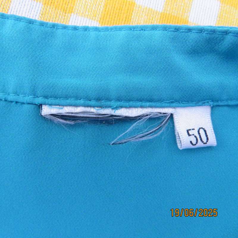 Dark turquoise silky polyester short sleeve button down top. Size 48.
