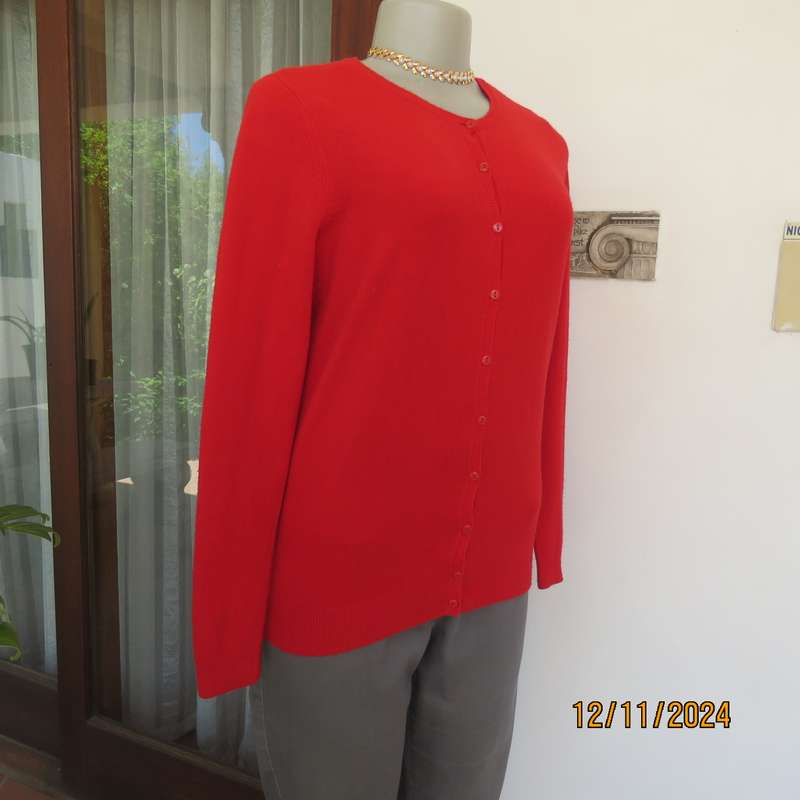Bright red LOVE KNITWEAR long sleeve button down cardigan in 100% acrylic. Size 34. As new.