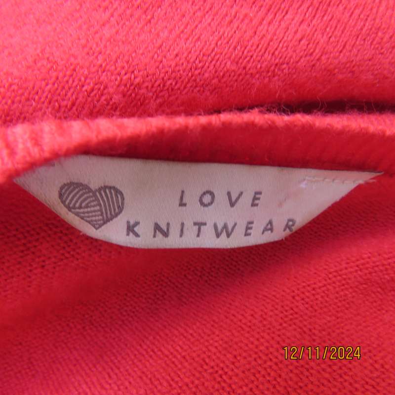 Bright red LOVE KNITWEAR long sleeve button down cardigan in 100% acrylic. Size 34. As new.
