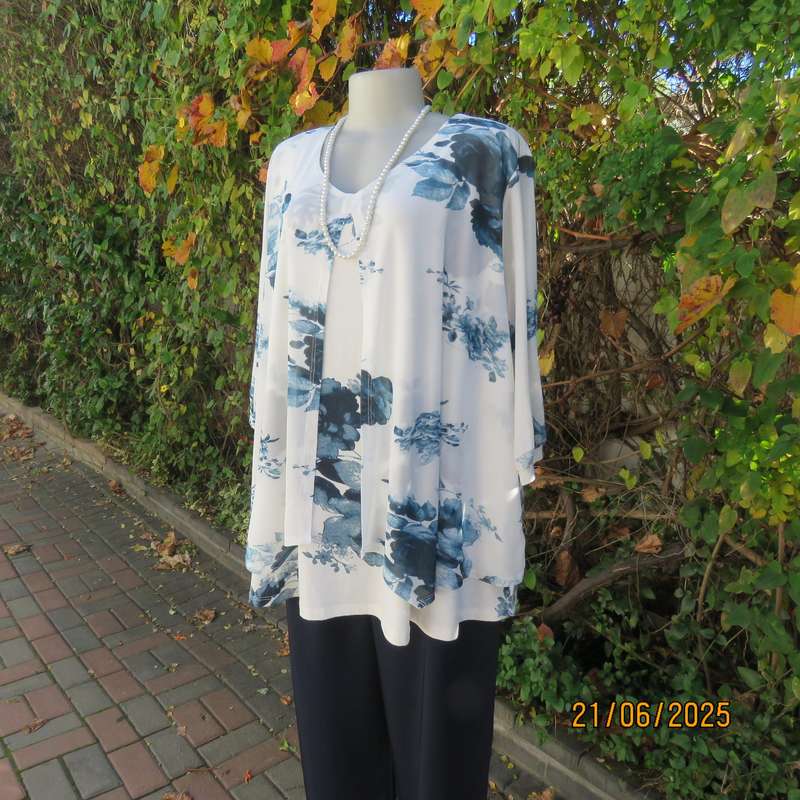 MILADYS white with blue floral print stretch polyester size 52 top. Front sheer overlays