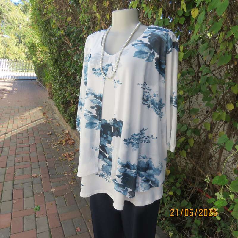MILADYS white with blue floral print stretch polyester size 52 top. Front sheer overlays
