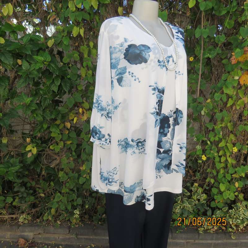 MILADYS white with blue floral print stretch polyester size 52 top. Front sheer overlays